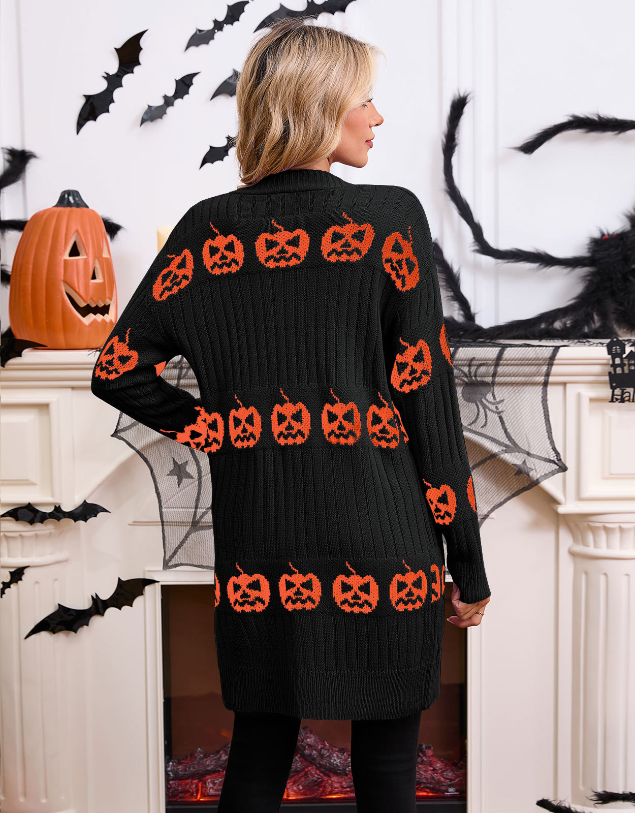 Halloween Knit Cardigan Womens Long Open Front Sweater Holiday Outerwear Coat